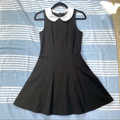 Brand New Never Worn, Tags Cut Off Fit And Flare Dress From Necessary Objects Classic Silhouette With White Collar Perfect For A Wednesday Addams Look Or Halloween Costume Pilgrim Style Cute Girly Little Black Dress No Size Tag As This Was Used A Sample - But I Included Measurements I Am Assuming This Fits Like A S/M But Please Check Measurements In Photos Fitted Party Dress With Peter Pan Collar, Black Peter Pan Collar Party Dress, Black Summer Dress With Peter Pan Collar, Wednesday Addams, White Collar, Fit And Flare Dress, Cut Off, Flare Dress, Fit And Flare