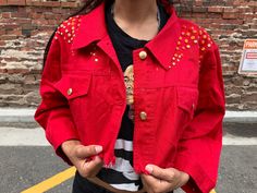 Cropped red denim jacket with jewel detailing on shoulders (red, orange, yellow). Its longer in the back and cropped shorter in front for a more flattering look. Super cute! Size: medium Hand/delicate wash only Bleached Denim Jacket, Red Denim Jacket, Acid Wash Shirt, Denim Streetwear, Custom Top, Painted Denim Jacket, Red Denim, Painted Jacket, Tie Dye Denim