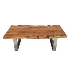 a wooden table with metal legs and a wood slab on the top, against a white background