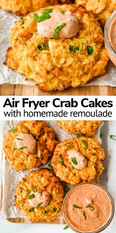 air fryer crab cakes with homemade remoulade on top and in the middle