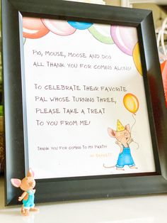 a birthday card with a mouse holding a balloon in front of it and a sign that says, thank you for coming along