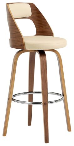 an image of a modern bar stool with wood and white upholstered leather seat