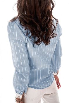 Sky Blue Striped Print Turn-down Collar Lace Cuffs Shirt Blue Casual Tops With Cuffed Sleeves, Casual Blue Tops With Cuffed Sleeves, Blue Long Sleeve Shirt With Cuffed Sleeves, Chic Blue Top With Cuffed Sleeves, Blue Long Sleeve Blouse With Cuffed Sleeves, Blue Tops With Cuffed Sleeves For Office, Blue Office Tops With Cuffed Sleeves, Blue Cuffed Sleeves Top For Office, Blue Shirt With Cuffed Sleeves For Spring