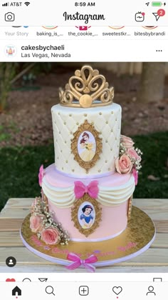 a three tiered cake is decorated with pink flowers and gold trimmings as well as an image of the princess on top