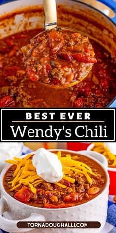 Wendy's chili with shredded cheese and sour cream Best Easy Chili Recipe, The Best Chili Recipe, Wendy's Chili, Wendys Chili Recipe, Classic Chili Recipe, The Best Chili, Classic Chili, Best Chili