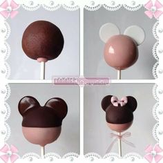 four pictures of mickey mouse lollipops with chocolate frosting and bows on them