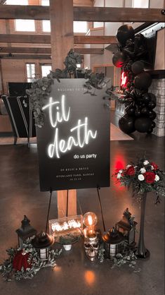 Unique Halloween Wedding Ideas, Dark Engagement Party Ideas, Black Wedding Shower Decorations, Spooky Wedding Welcome Sign, Gothic Wedding Photo Booth, Spooky Vow Renewal, Gothic Fall Wedding Colors, Gothic Welcome Wedding Sign, Halloween Engagement Announcement