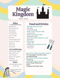 the menu for magic kingdom is shown in blue and yellow colors with an image of a castle