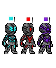 three pixel characters are standing next to each other and one is wearing an alien suit