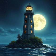 a lighthouse sitting on top of a small island in the middle of the ocean at night