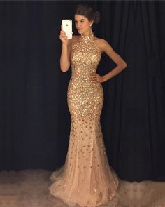 Luxurious Crystal Beaded Halter Floor Length Evening Dresses Mermaid – alinanova Champagne Prom Dress Mermaid, Sherry Hill, Satin Mermaid Dress, Crystal Mermaid, Fall Bridesmaid Dresses, Halter Prom Dresses, Prom Dresses Long Mermaid, Evening Dress Floor Length, Dresses Mermaid