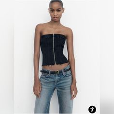 Zara Corset Style Denim Top Size S New Black Denim Corset, Denim Bustier, Wrap Top Blouse, Leather Bustier, Black Sheer Blouse, Embroidered Tunic Top, Denim Corset, Belted Jacket, White Bodysuit