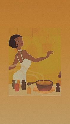 a painting of a woman cooking in a pan on the stove top with spices around her