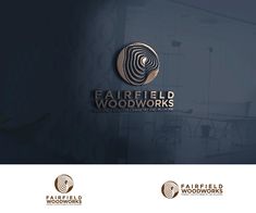 the logo for fairfield woodworkings is shown in gold and blue tones on a dark background