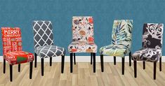 six chairs with different designs on them in a room