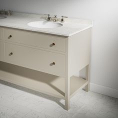 a white bathroom sink sitting next to a counter with two faucets on it