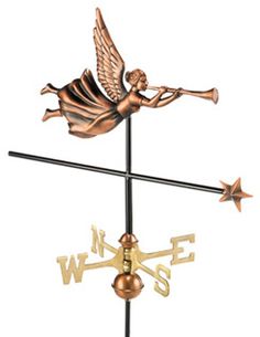 a weathervane with an angel on the top and two stars around it's sides