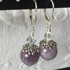 Handmade Earrings Amethyst Beads Crystals Sterling Silver Leverbacks New Adjustable Lavender Sterling Silver Earrings, Elegant Nickel-free Lavender Earrings, Elegant Lavender Nickel-free Earrings, Silver Amethyst Crystal Earrings With Ear Wire, Nickel-free Amethyst Lavender Earrings, Nickel-free Lavender Amethyst Earrings, Nickel-free Silver Amethyst Crystal Earrings, Silver Amethyst Dangle Crystal Earrings, Silver Amethyst Drop Crystal Earrings