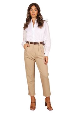 A stretchy, seasonless blend brings casual comfort to high-waisted pants equipped with practical pockets in a straight-leg silhouette. Zip fly with button closure Front slant pockets 80% polyester, 16% rayon, 4% spandex Hand wash, dry flat Imported High-waisted Chinos With Belt Loops, Casual Workwear Chinos With Belt Loops, Casual Chinos For Workwear, Casual Chinos For Work With Belt Loops, High Waist Chinos With Pockets For Work, Fall Chinos For Business Casual With Button Closure, Fall Business Casual Chinos With Button Closure, Casual Ankle-length Chinos For Work, Chic Relaxed Fit Ankle-length Chinos