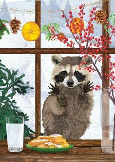 a painting of a raccoon sitting on a window sill next to a plate of food