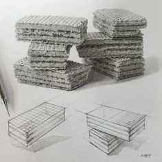 a drawing of stacks of waffles next to a ballpoint pen and pencil