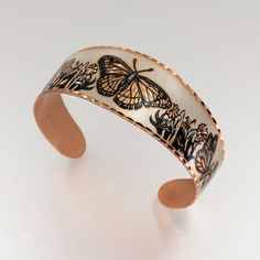 Bracelets With Flowers, Artwork Butterfly, Bracelet Butterfly, Emperors New Clothes, Copper Bracelets, Art Bracelet, Copper Design, Etched Copper, Copper Art