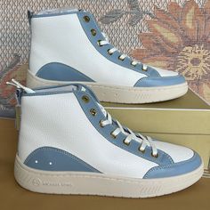 Michael Kors Shea Mid High Top Faux Leather 49f3shfesl Pale Blue New In The Box Authentic Light Blue Leather Sneakers For Spring, Michael Kors Leather Sneakers, Michael Kors Shoes, Pale Blue, The Box, Womens Shoes Sneakers, High Top, New Color, High Tops