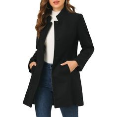 This coat featuring stand collar and single breasted design add feminine and elegant feel to your winter look. Overcoat is spun from soft fabric and fully lining, which is comfortable for all-day wear with big slant pockets. A good choice for winter and cold fall. No matter what look you slip it over, this winter coat adds a layer of warmth and finishes the refined, warm and effortless day-to-night look. Style this peacoat with blouse and pants for a warm and elegant look. Occasion: Work, Office Black Wool Coat Women, Winter Overcoat, Long Overcoat, Single Breasted Coat, Cold Weather Fashion, Collared Coat, Woman Standing, Coat Black, Costume Halloween