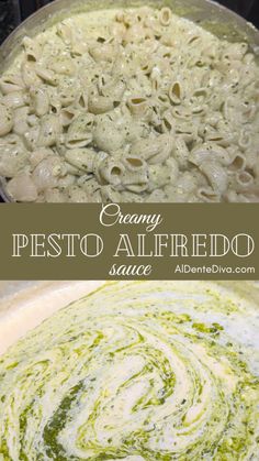 creamy pesto alfredo sauce in a skillet with the words, creamy pesto alfredo sauce