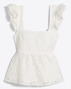 Sweetness and light. Our Melissa Babydoll Top is made from white lace and finished with tons of flattering details, including a square neckline, an empire waist, a smocked back and double ruffles at the shoulders, for a cute, classic look that's borderline angelic. Bring it down to earth with your favorite jeans and cl White Square Neck Top For Party, White Lace Top With Lace Bodice For Summer, White Lace Top With Ruffles, White Sleeveless Scalloped Lace Top, White Sleeveless Lace Top With Scalloped Lace, White Sleeveless Lace Top With Scalloped Edges, Sleeveless Lace Top With Ruffles, Cute White Square Neck Top, Chic Ruffled Lace Top For Wedding