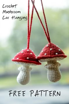 two crocheted mushrooms hanging from a window sill with the words free pattern