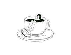 a cup of tea with a person in it and a cell phone on the saucer