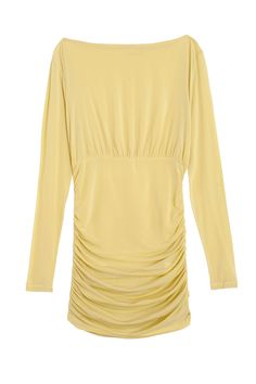 Sheer long sleeve draped top with wide neckline. Can be worn as a top or a mini dress. Fabric is 92% FSC viscose 8% elastane. Ella is 6' tall, 35" bust, 26" waist, 36" hip, and is wearing a size S. Draped Top, Dark Yellow, Top Shirt, Top Blouse, Mini Dress, Yellow, Wool, Top Outfits, Long Sleeve