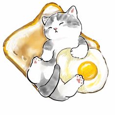 a drawing of a cat laying on top of a piece of bread with an egg in it