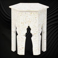 Bone Inlay Floral Design Hexagonal Table White Hexagonal Structure, Bone Inlay Side Table, Hexagonal Table, Sofa Bar, Bone Inlay Furniture, Inlay Furniture, Table Bench, Carved Bone, Bone Inlay