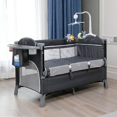 a baby crib in the corner of a room