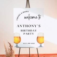 a welcome sign with two glasses of beer on it and the words, anthony's birthday party