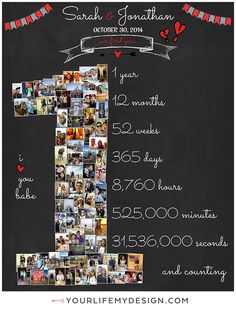 a chalkboard with pictures and words on it that says 1 year wedding anniversary date