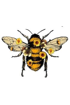 a drawing of a bee with yellow flowers on it's back legs and wings