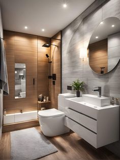 a modern bathroom with two sinks and a toilet