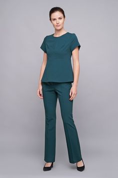 "A two piece pants set featuring short sleeve peplum top and high waist flared trousers. top: - short sleeves - peplum silhouette - concealed back zipper closure pantss: - flared - high waist - concealed side zipper closure Color: dark green Fiber: viscose 40% , polyester 55 %, elastane 5 %. Our model wears size US 6 and is 176cm/5'8\" tall. You may feel free choosing the size. Just send us your measurements (bust, waist, hips, height). SIZE CHART XS __ EU 34 __ US 4 bust: 31,5\" | 80 cm waist: Fitted High-waisted Pants Sets For Work, Fitted Pant Set For Office, Stretch Wide Leg Work Sets, Stretch Wide Leg Sets For Work, Fitted Pant Set For Workwear, Chic Fitted Sets With Short Sleeves, Fitted Straight Pant Set For Workwear, Chic Short Sleeve Workwear Pantsuit, Chic Short Sleeve Pantsuit For Work