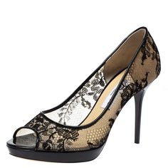 Jimmy Choo Women's Luna Black Lace Peep Toe Pumps Size 39 Italy Black lace Jimmy Choo Luna peep-toe pumps with tonal stitching, patent leather covered platforms and covered stiletto heels. Lace design may vary. Fitted Lace Heels For Spring, Spring Lace Heels With Almond Toe, Lace Almond Toe Heels For Spring, Lace Almond Toe Heels, Fitted Lace Open Toe Heels, Lace Heels With Almond Toe, Almond Toe Lace Heels, Lace Design, Jimmy Choo