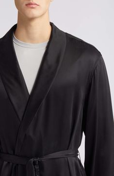 This silk robe is thermoregulating, breathable and perfect for lounging—best of all, it can go in the washing machine. Shawl collar Long sleeves Side-seam pockets Removable tie belt 100% silk Machine wash, dry flat Imported Silk Fitted Robe For Loungewear, Fitted Silk Robe For Loungewear, Luxury Fitted Long Sleeve Robe, Fitted Long Sleeve Silk Robe, Luxury Long Sleeve Robe For Loungewear, Fitted Long Sleeve Lounging Robe, Fitted Silk Robe For Daywear, Elegant V-neck Outerwear With Relaxed Fit, Elegant Relaxed Fit V-neck Outerwear