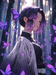 a woman with purple hair and butterflies around her