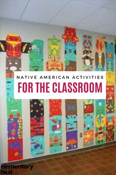 a classroom wall decorated with colorful skis and the words native american activities for the classroom