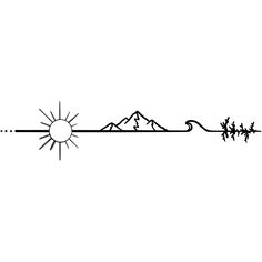 a black and white drawing of the sun over mountains with trees on each side,