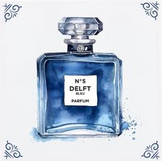 a painting of a blue bottle with the words n's delft bleu parfum on it