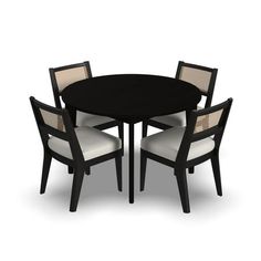 a black table and four chairs with white upholstered backrests on an isolated background