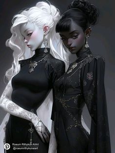 two women dressed in black with white hair