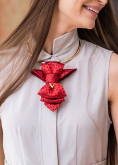 Elegant women necktie. Women bow tie, stylish accessories Hopper tie RED BIRD - is a romantic but at the same time a striking accessory that attracts everyone's attention due to its depth of color and gold-colored elements. Hopper tie for women is designed to be worn with men's shirts and clothes with an open neck - dresses, blouses, sweaters. The most important feature of the accessory for women - versatility! It can be worn as a brooch and as a pendant (by inserting an existing chain, bow, etc Women Bow Tie Brooch, Neck Tie Outfits For Women, Necktie Outfits For Women, Womens Neck Tie, Diy Necktie Projects, Womens Ties, Necktie Crafts, Tie Outfit, Silk Ribbon Embroidery Patterns